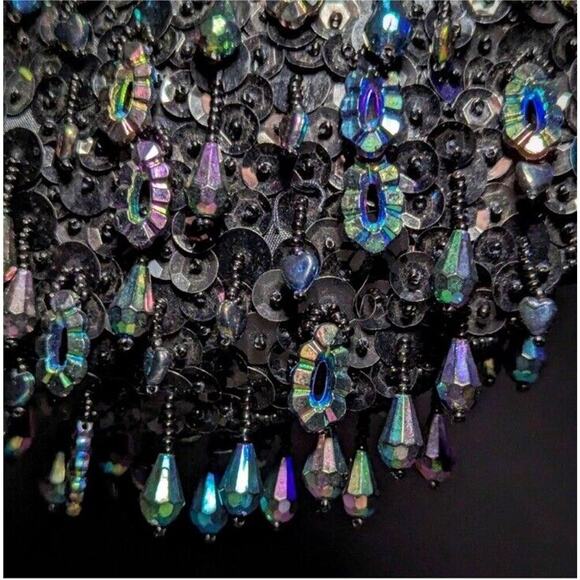 New Black Beaded Sequins Purse Cocktail Long Chain Gold Flower Holiday Event - Picture 7 of 8